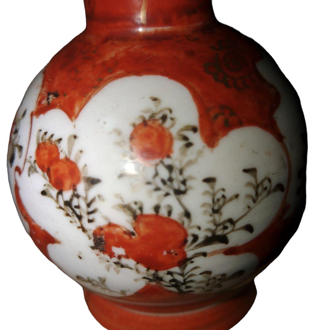 明治レトロ　赤九谷焼　草花文様双耳小花瓶
