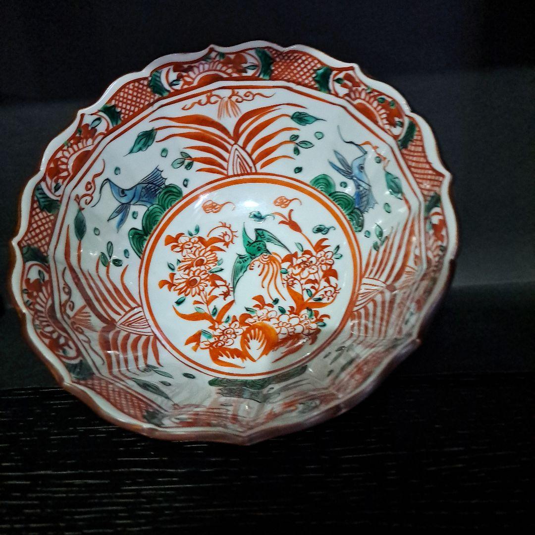 永楽善五郎 九谷赤絵 中鉢 紅縁輪花鉢 明治 大日本永楽造 共布、共箱入