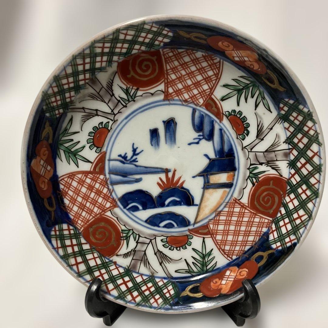 伊万里焼 古伊万里 色絵染付皿 中皿3枚 明治、大正、昭和初期 山水図