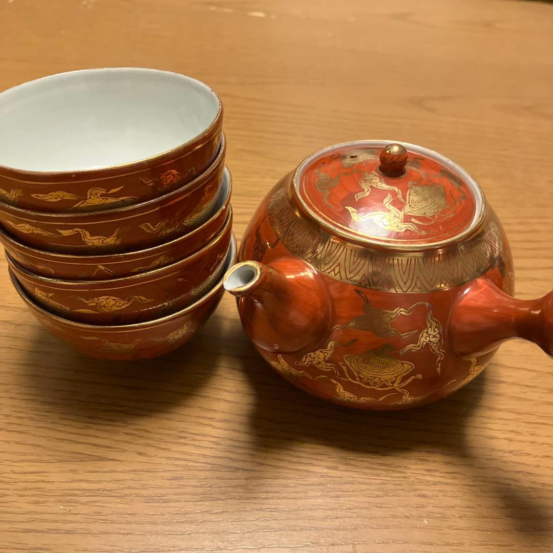 和製アンティーク 九谷赤地金彩急須 湯呑5個 セット - メルカリ