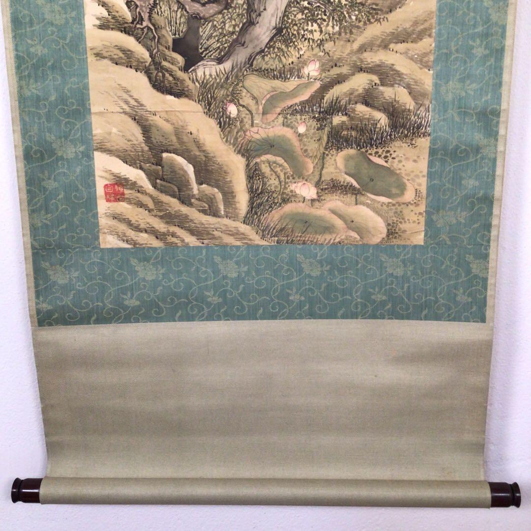 No3015掛軸　在銘　鍾洲漁人　夢研山人　款　月下草花図　絹本　合箱　送料無料