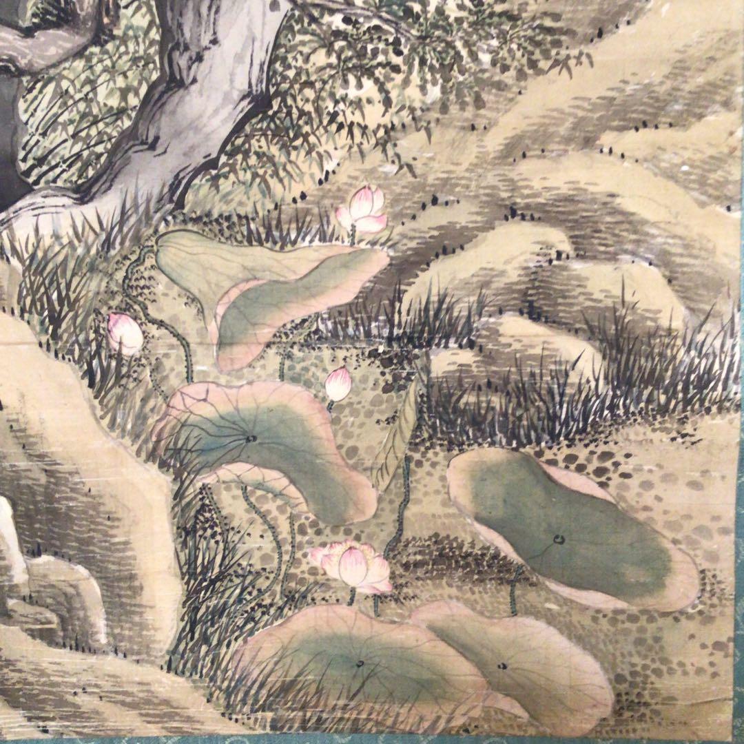 No3015掛軸　在銘　鍾洲漁人　夢研山人　款　月下草花図　絹本　合箱　送料無料