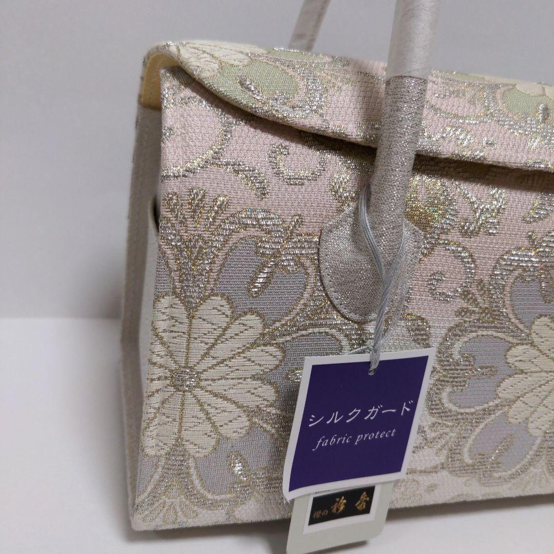 和装バッグ　かぶせ　七宝つなぎ　シルバー　利休バック　ガード加工済　衿秀　和想庵