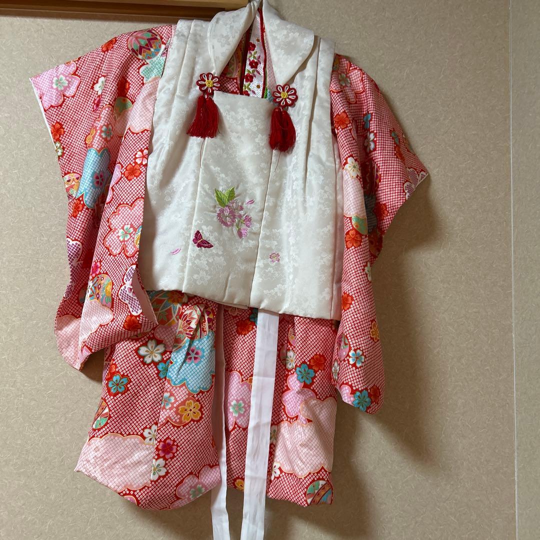 【白×ピンク絞り風】七五三 3歳 着物　被布コート12点セット　女の子　千歳飴