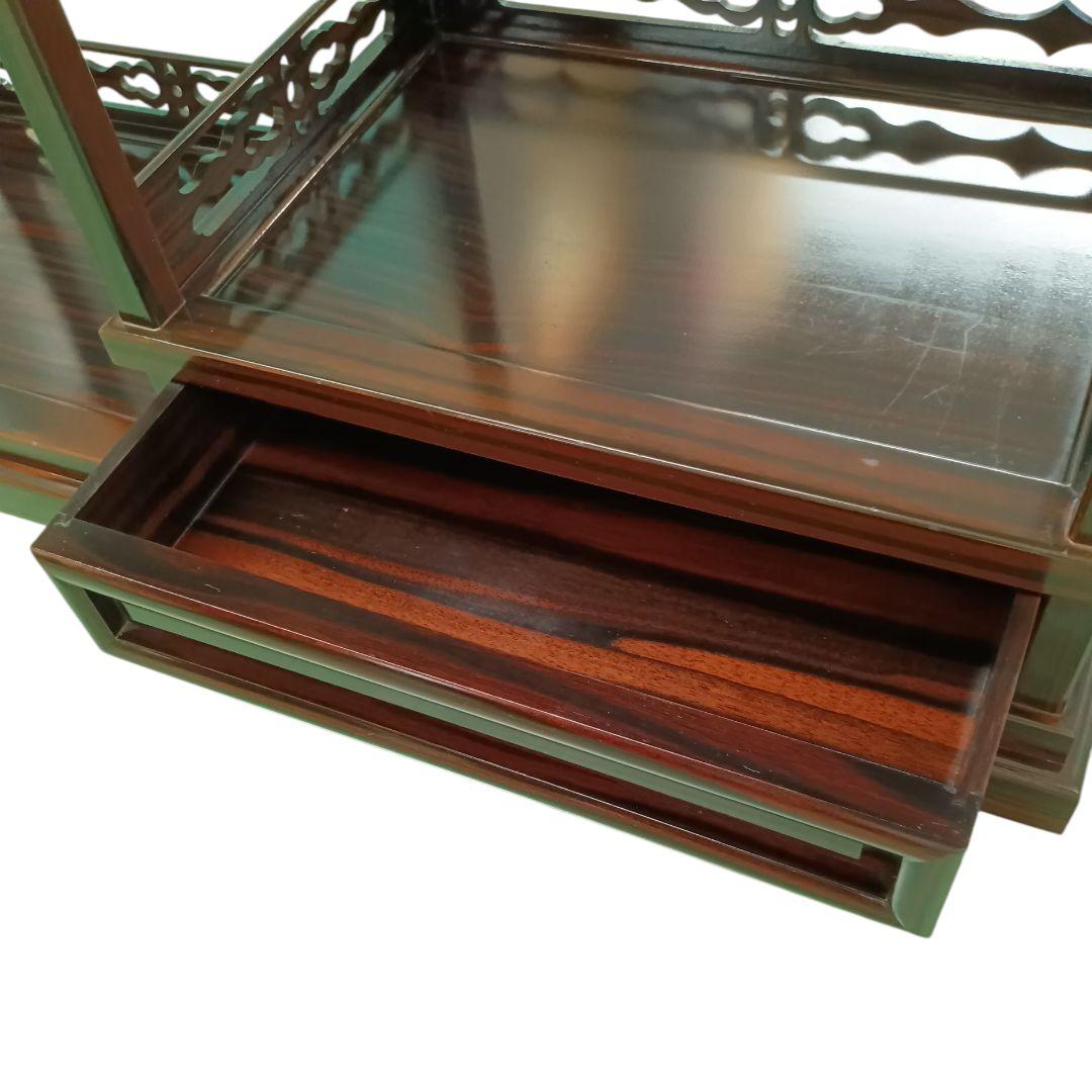 小ぶり 黒檀 黒丹 唐木 筆返し 透かし彫り 無垢 飾り棚