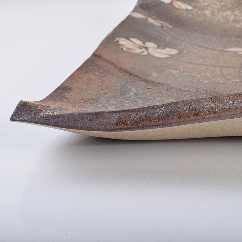 益子焼 堀越美紀作 自然釉 秋桜文 長皿 共箱 N 8681D