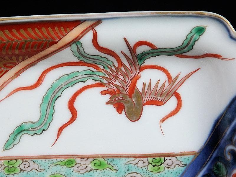 古伊万里　金襴手　桐に鳳凰　団龍紋に花の図　長角皿　289AS-BQs