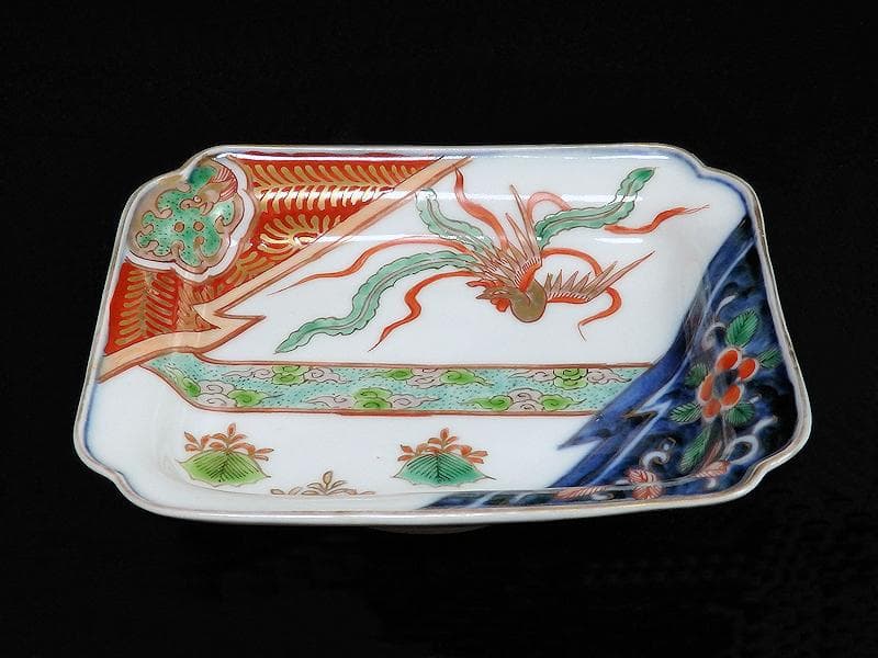 古伊万里　金襴手　桐に鳳凰　団龍紋に花の図　長角皿　289AS-BQs