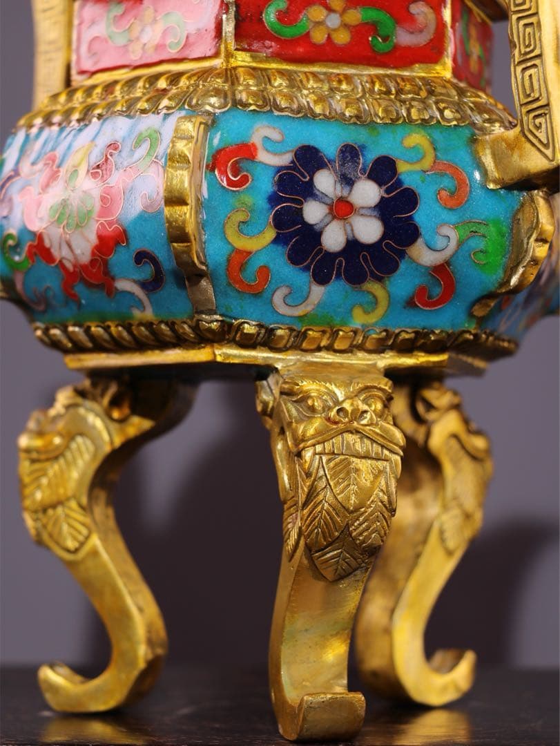 縁起物 文房具 純銅製 景泰藍香炉 三龍足 双耳狻猊蓋炉 掐絲七宝焼