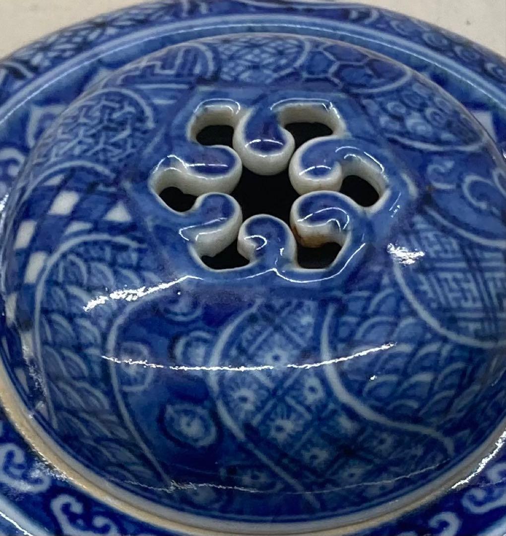 B504s「染付捻紋に松竹梅図 香炉」嶋田寿楽作　九谷焼　箱無　香道具