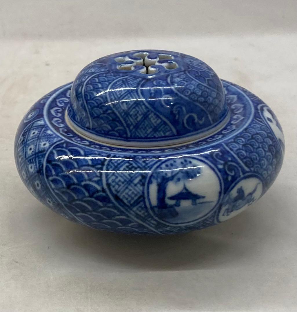 B504s「染付捻紋に松竹梅図 香炉」嶋田寿楽作　九谷焼　箱無　香道具