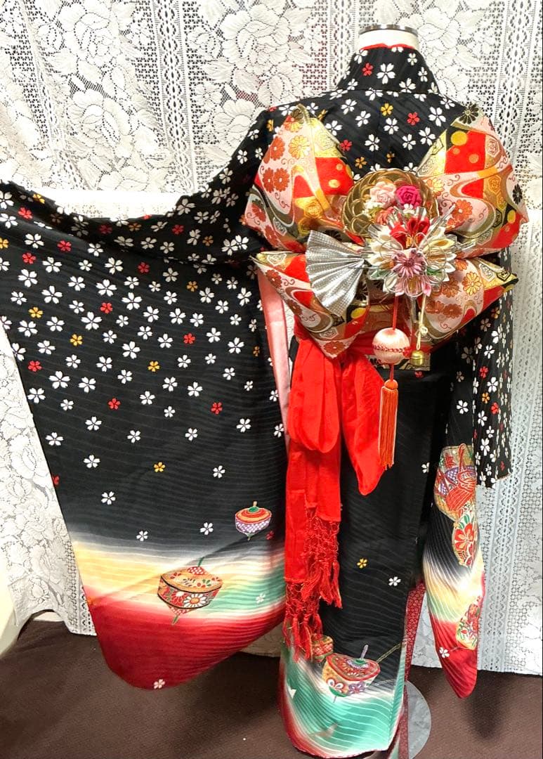 【中古】七五三女の子　四ツ身着物　長襦袢　作り帯　帯揚げ　帯締め　しごき　箱せこ