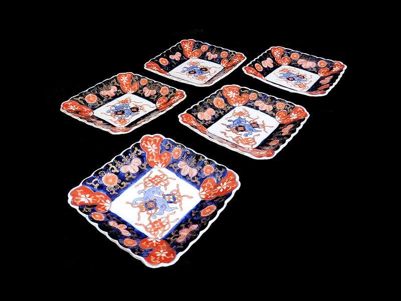 古伊万里　色絵　獅子に七宝紋の図　角皿　5枚　D559AS-BCh