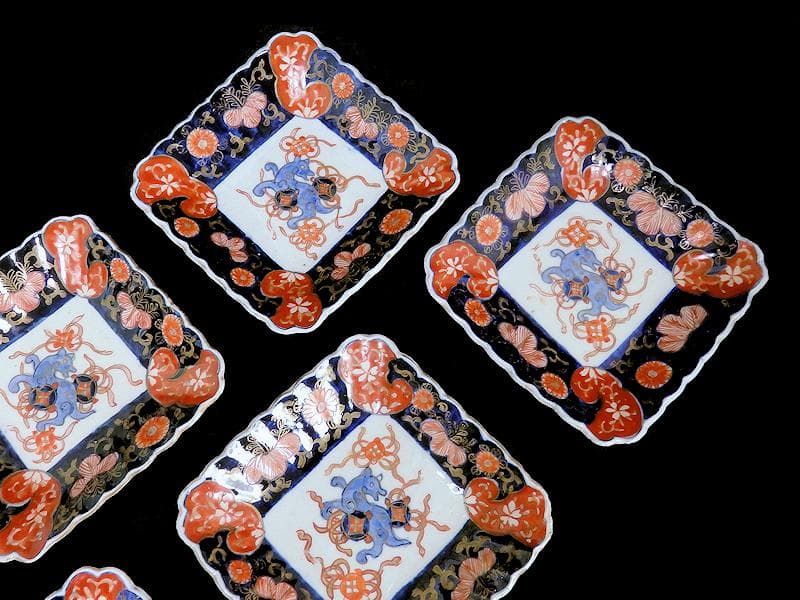 古伊万里　色絵　獅子に七宝紋の図　角皿　5枚　D559AS-BCh