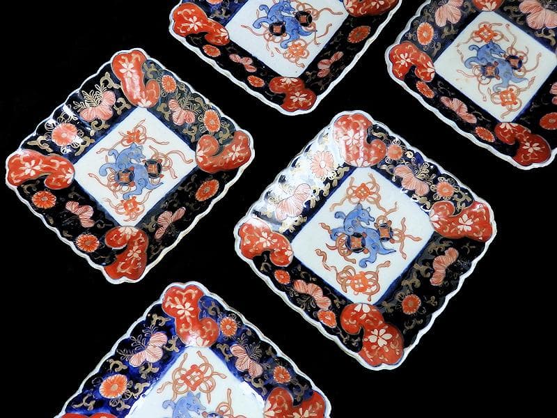 古伊万里　色絵　獅子に七宝紋の図　角皿　5枚　D559AS-BCh