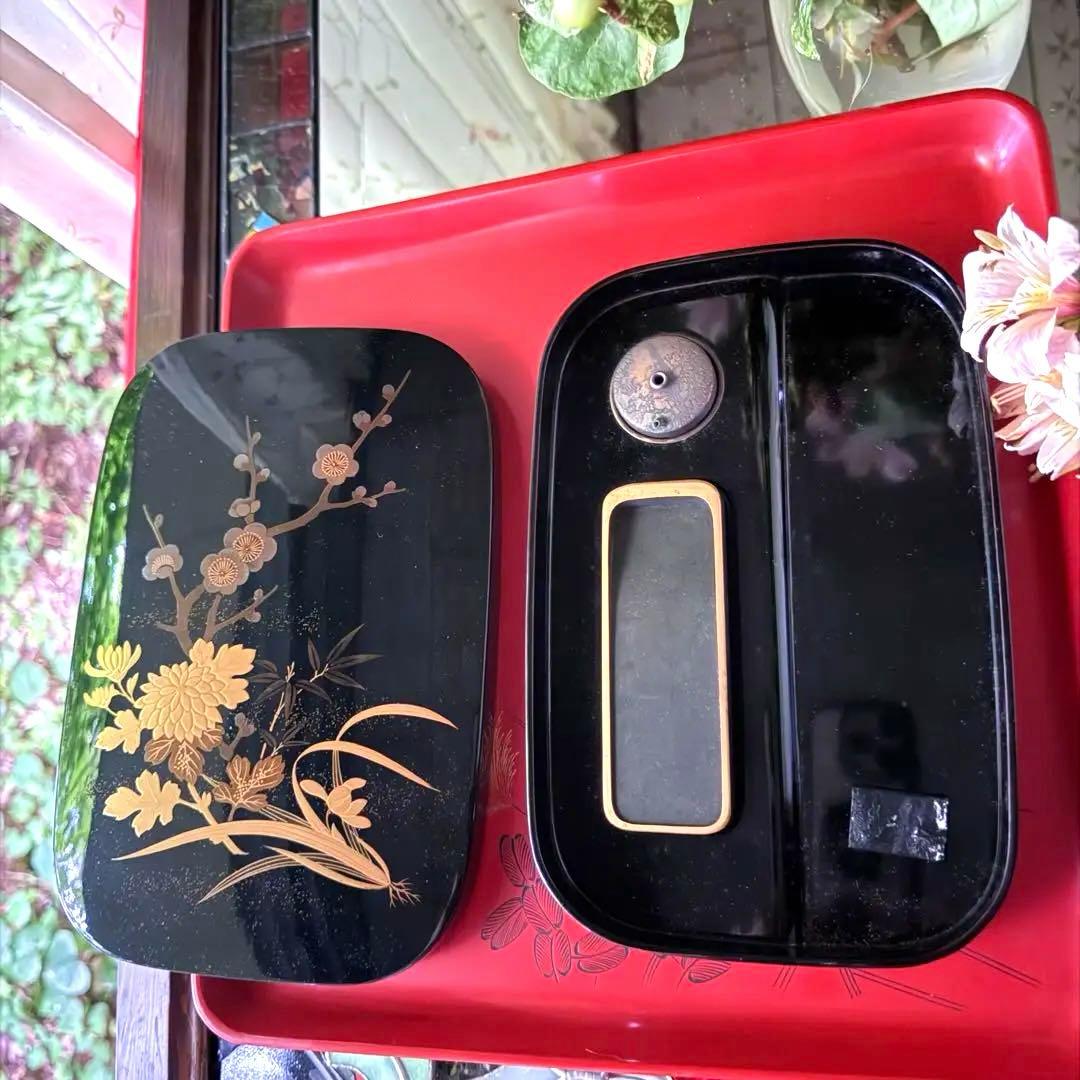 2177様感謝‼️宝石王マダム愛蔵品　天然木 本漆 四君子蒔絵 硯箱水滴硯三点揃い