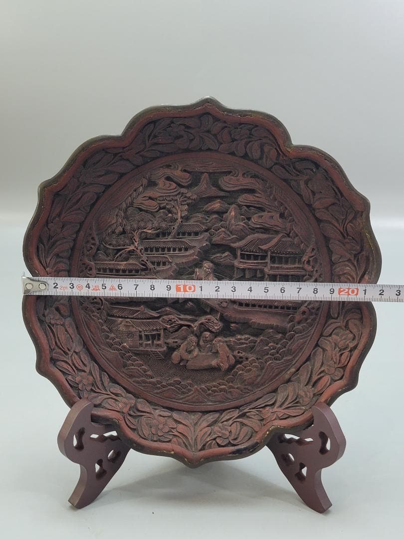 中国美術 銅胎 堆朱 楼閣紋 輪花皿 DT554