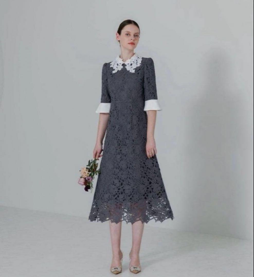 【Leja】花柄レースカラースパンコール刺繍Aラインフレアドレスワンピース Leja 花柄レースカラースパンコール刺繍Aラインフレアドレスワンピース