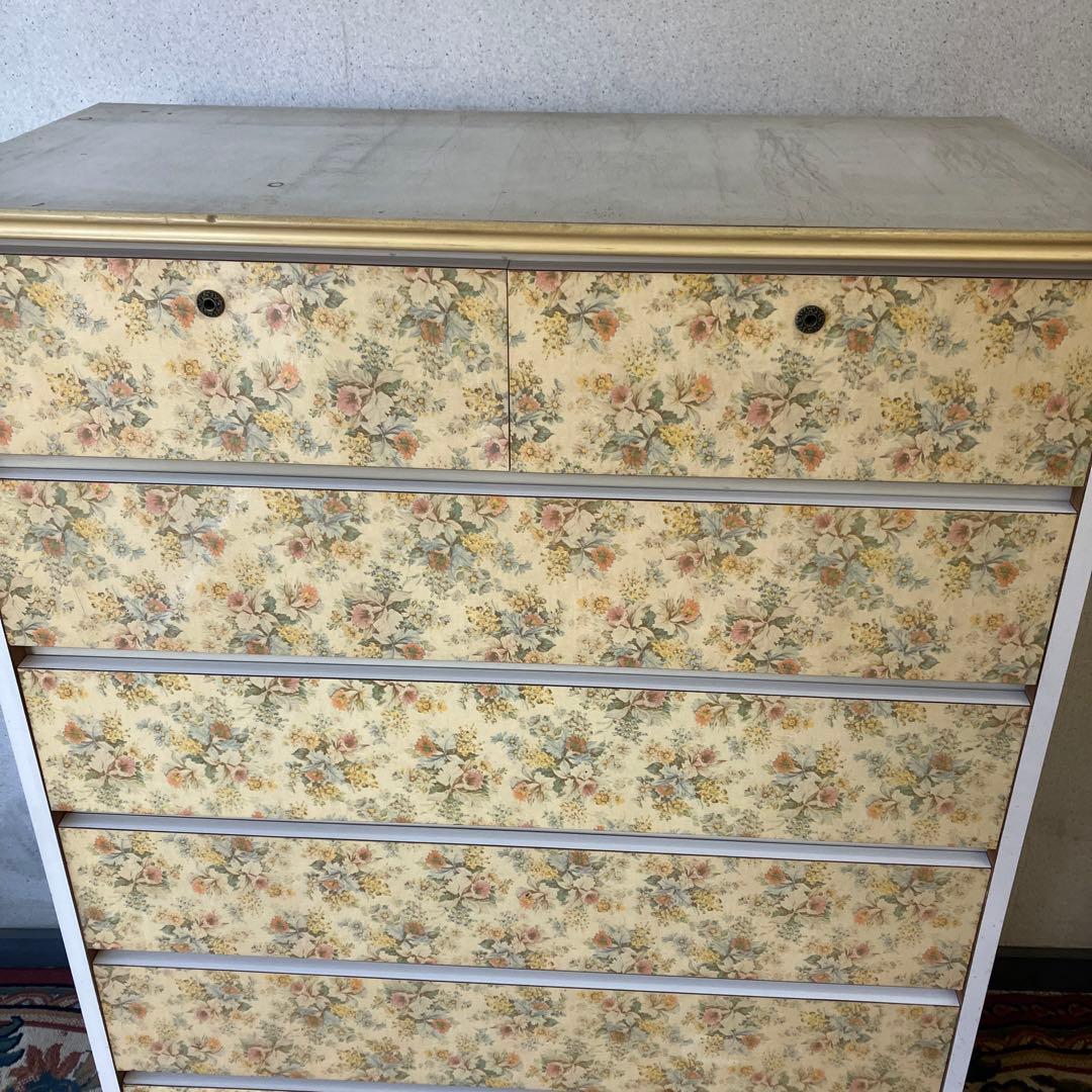 昭和レトロ 花柄 木製チェスト 7段タンス 古家具 ビンテージ