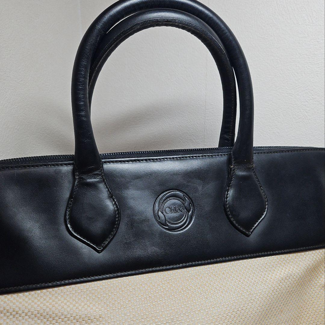 Chloe キャンバス レザー ハンドバッグ ブラック&ベージュ トートバッグ