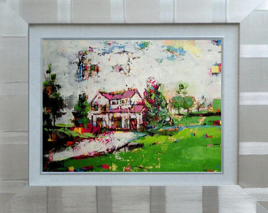 油絵 菅家令子 絵 絵画インテリア額付(青緑＋金色の枠) F6-060704風景