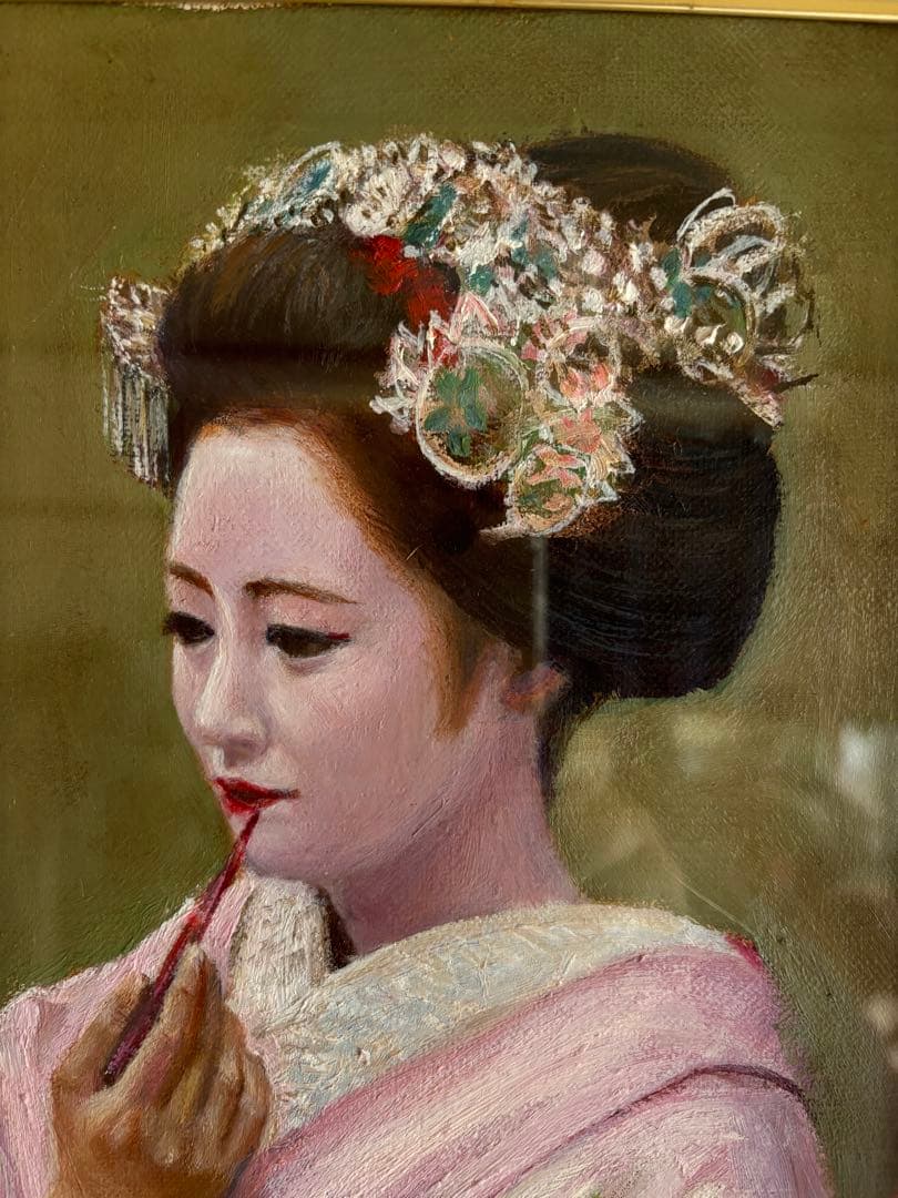 絵画「舞妓 紅をさす」洋画、油絵、3号宇野孝之、箱有り