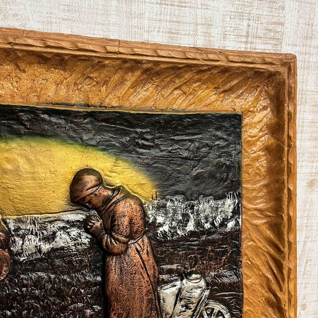アンティーク】額装 額縁 彫刻 浮彫 絵画 農場 晩鐘 レリーフ 美術品