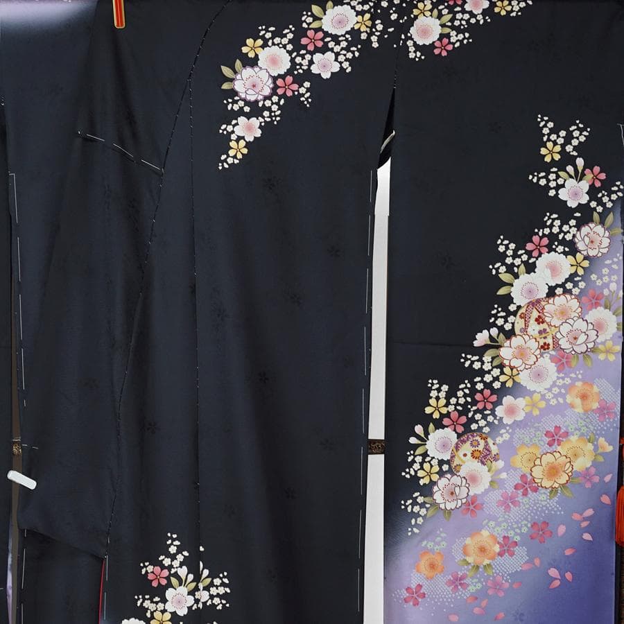 振袖 新品 未仕立て 仮絵羽 桜 鞠 金糸 型染め友禅 黒 ブラック 在庫