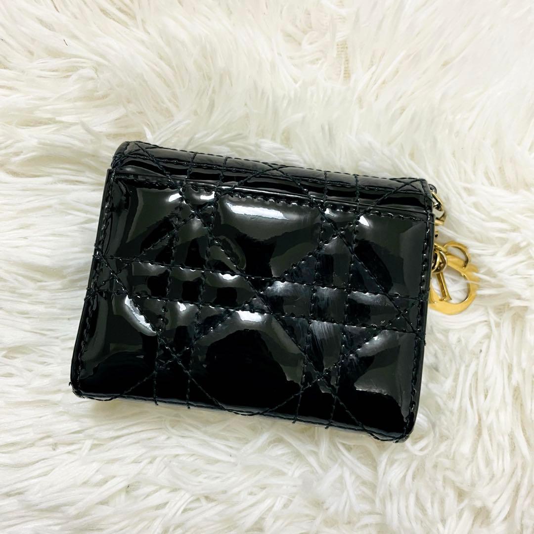 極美✨ディオール 三つ折り財布 エナメル カナージュ ロータス 黒 現行