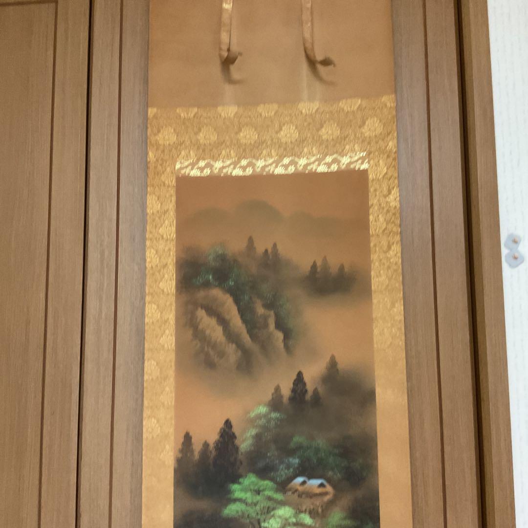 翠 古 筆 絹本 彩色画山水風景図 共箱付 落款印在