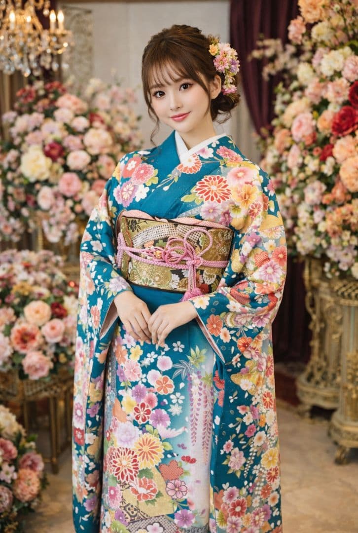 王道の古典柄 正絹振袖三越誂え 買い足し無しのフルセット 身丈166cm 裄長