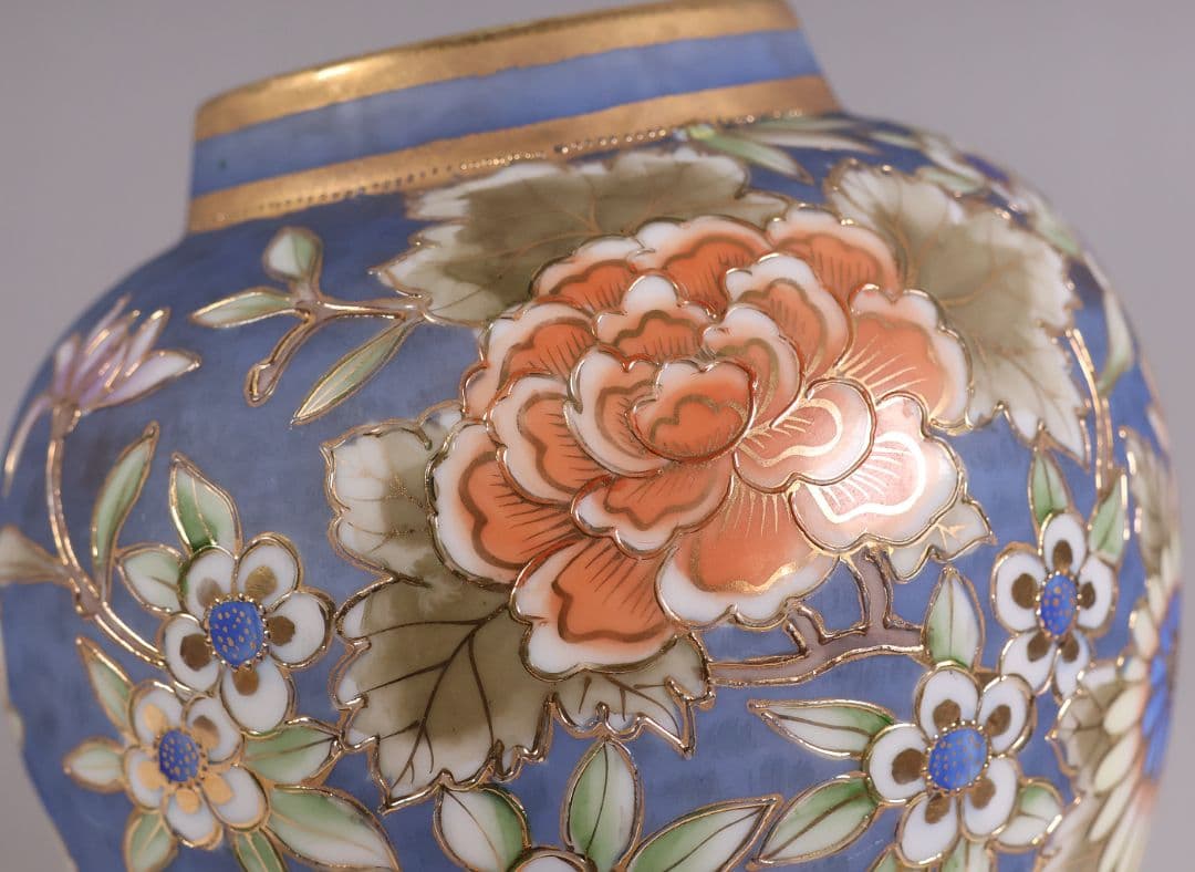 CM306】オールドノリタケ 草花 花瓶 高17.5cm 金彩 花入 青 明治