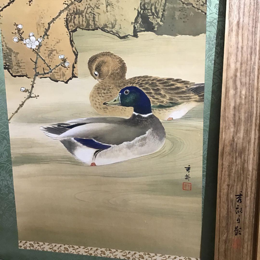 池上秀畒「双鴨之図」絹本尺5寸掛軸真作保証