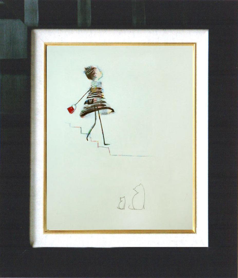 油絵 菅家令子絵 絵画インテリア額付(銀) F4-040214白猫の親子と女の子