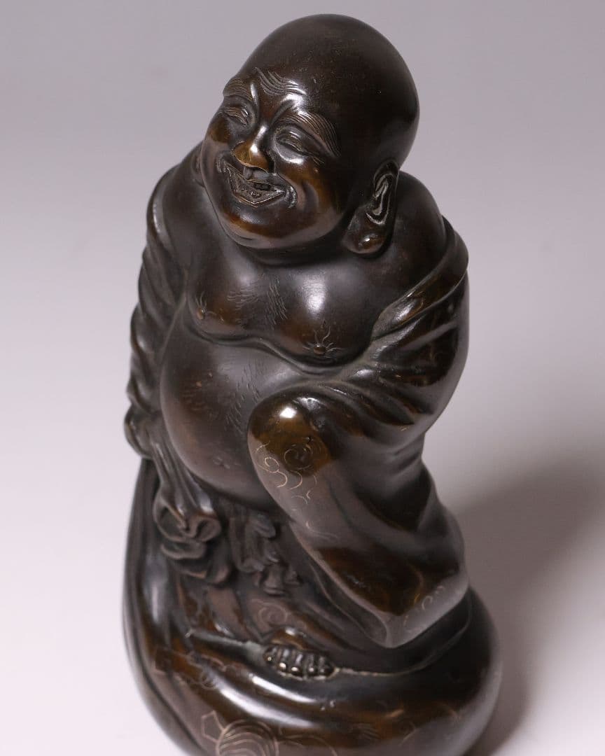 時代 銅製 晴珉造 布袋像 18.4cm 明治金工 置物 七福神 縁起【M415