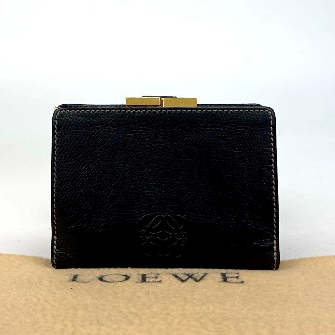 希少○ロエベ 折り財布 アナグラム ロゴ型押し がま口 シボ革 レザー