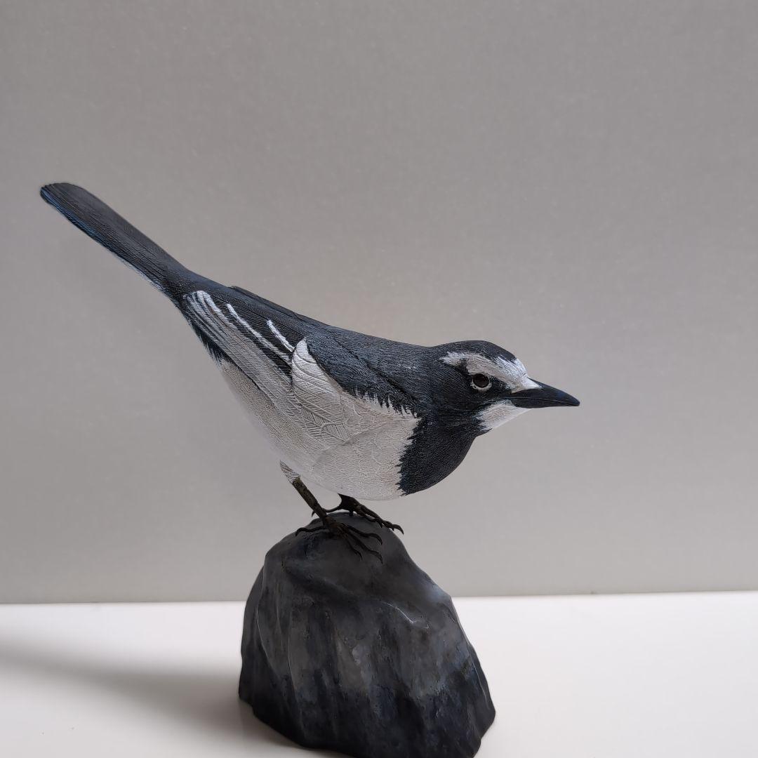 セグロセキレイ 木彫りの野鳥 リアルバードカービング 野鳥彫刻