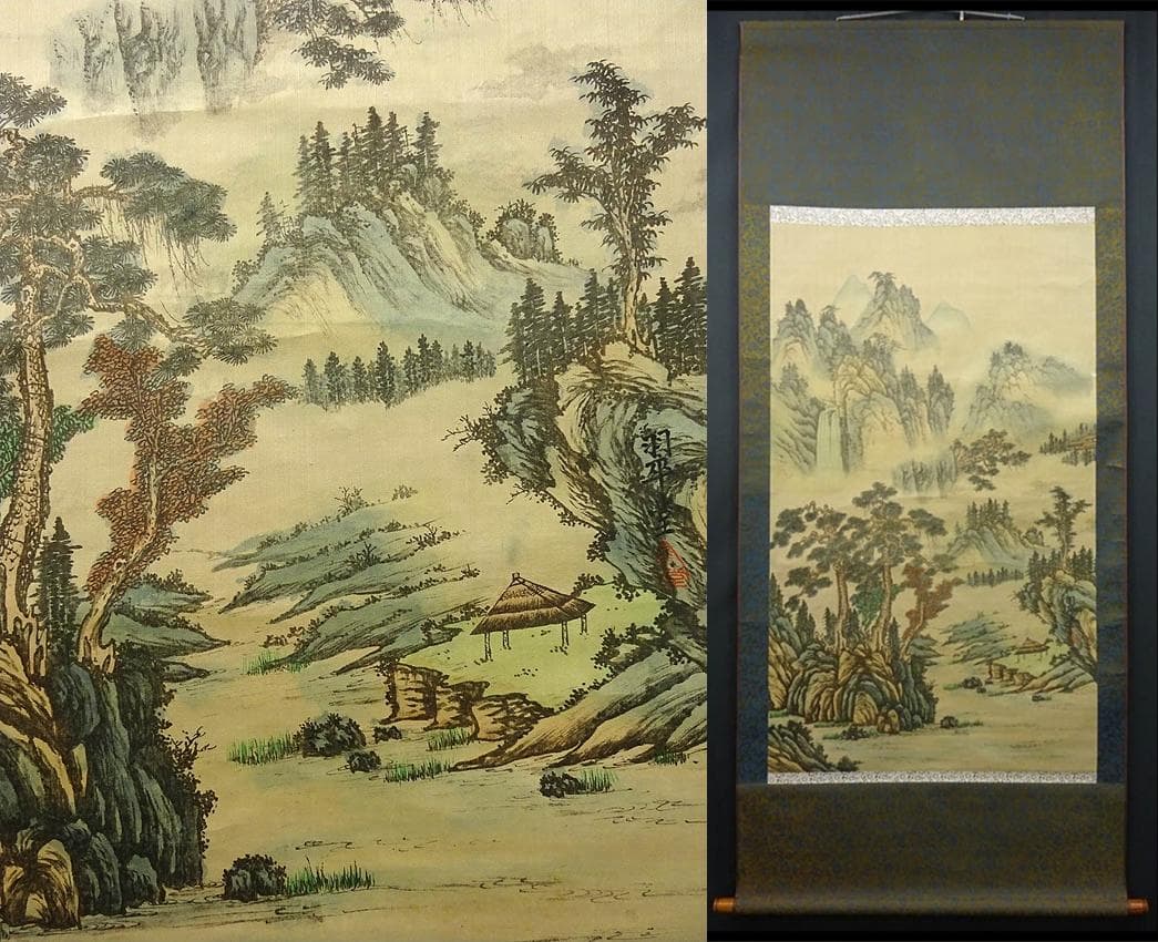 掛軸久隅守景筆三幅対山水図荘子図書付共箱DR5171