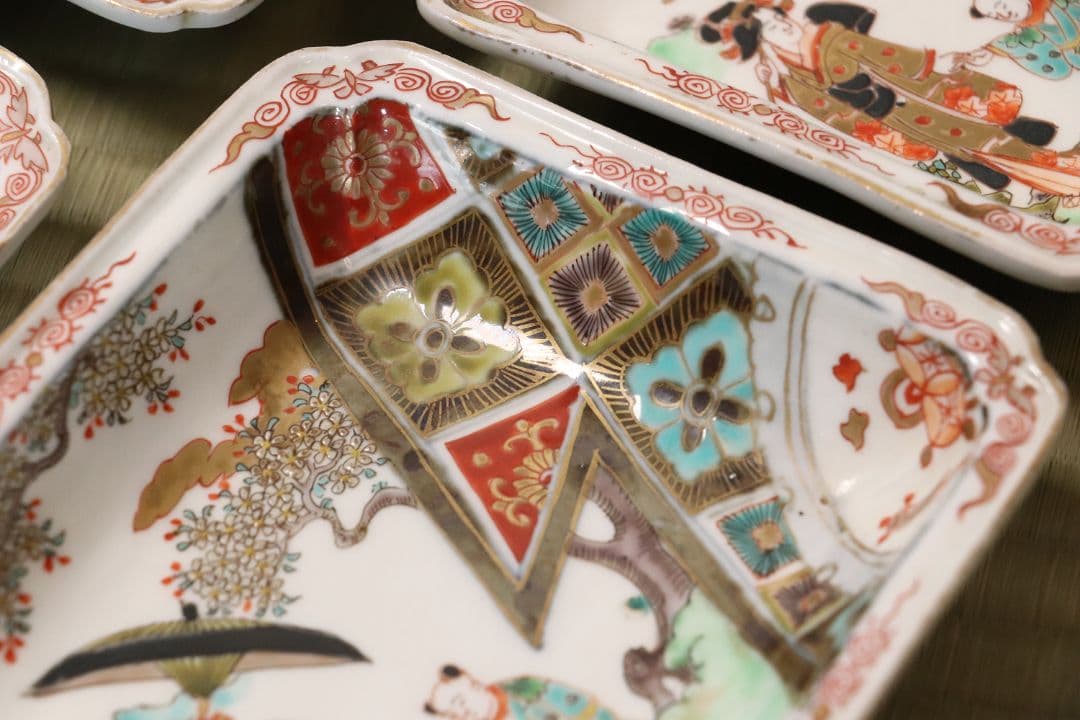 古伊万里 美人図 色絵 角皿 刺身皿 五客 人物 桜 小紋 明治期【MA424