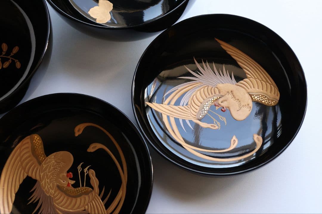 【CM397】天然木漆塗 菊桐鳳凰金蒔絵 黒塗 煮物椀 二客 昭和期 木製漆器