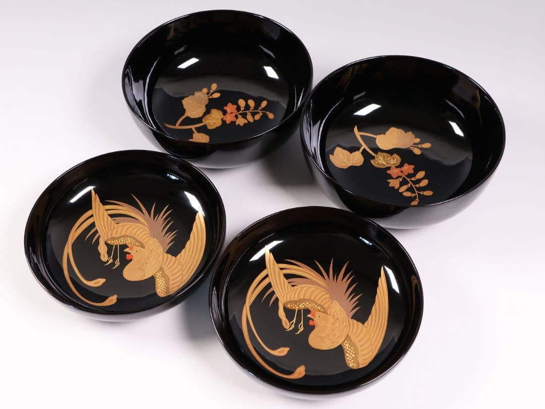 【CM397】天然木漆塗 菊桐鳳凰金蒔絵 黒塗 煮物椀 二客 昭和期 木製漆器