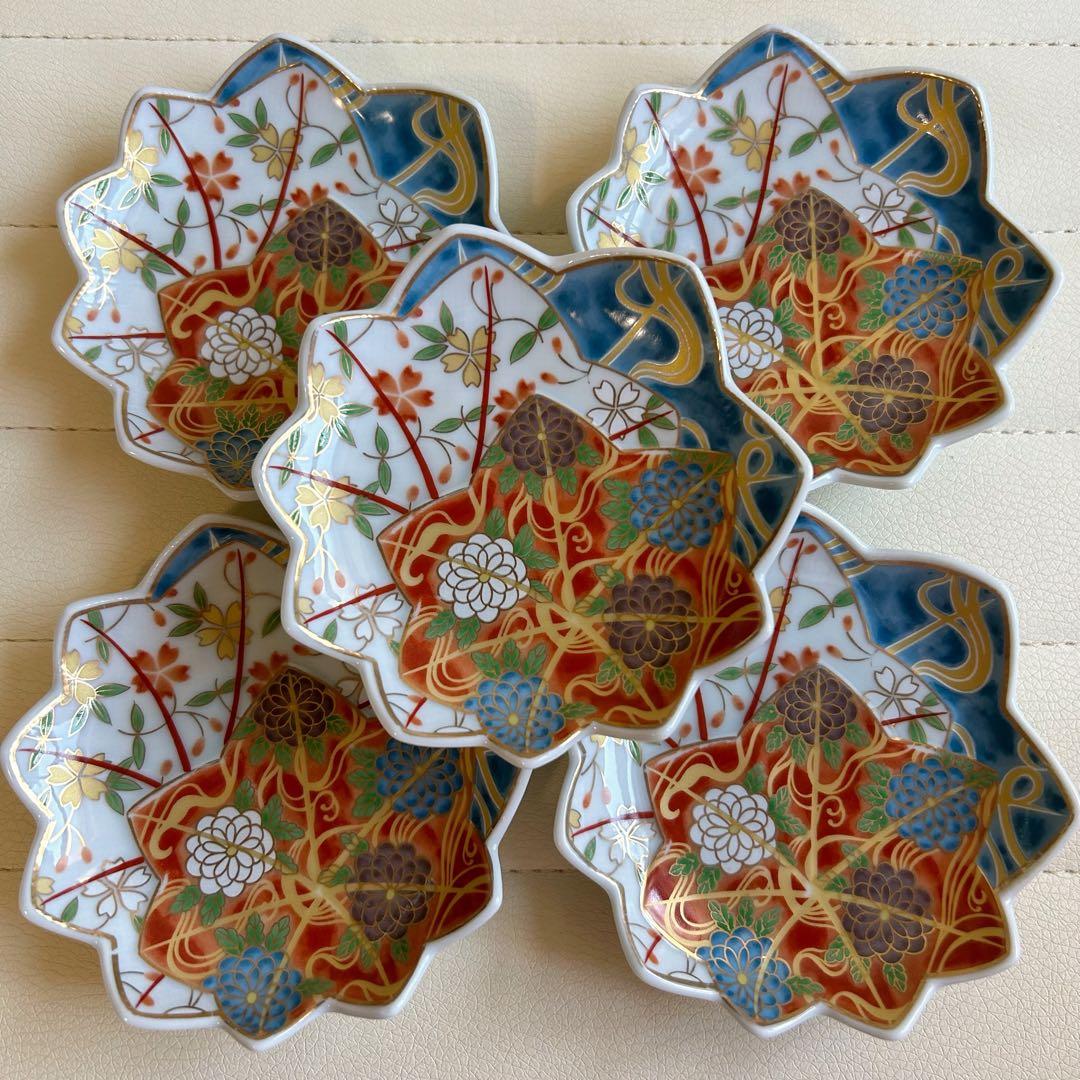 龍峰窯 金彩 色絵 赤絵 楓型花文様 小皿揃 5枚 銘々皿 手塩皿 古伊万里