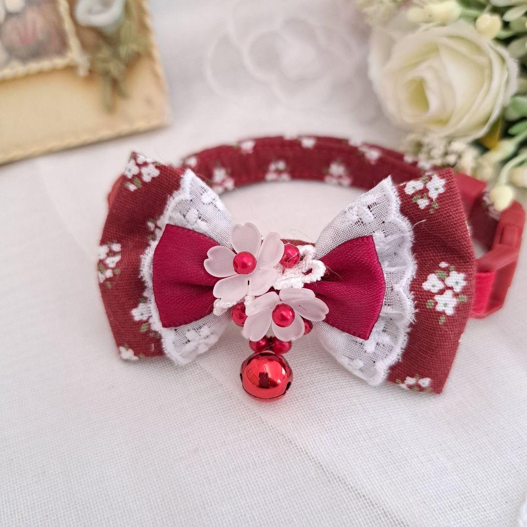 フラワー柄(バーガンディ)わんちゃん猫ちゃん用首輪 フラワー