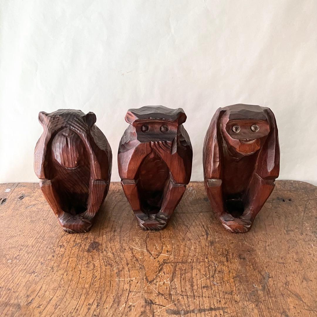木製 三猿 彫刻 木彫り サル 昭和レトロ ビンテージ 骨董 アンティーク
