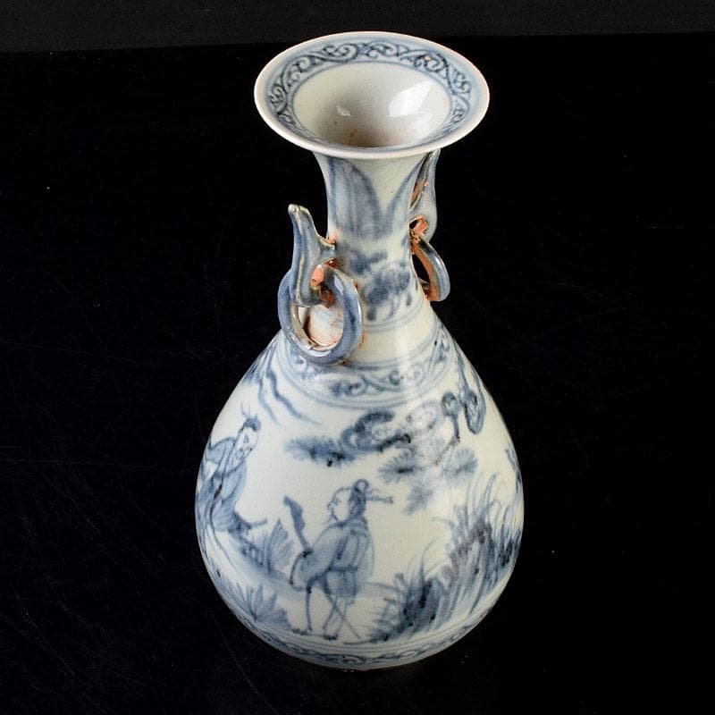 中国　青花　山水人物文　双耳瓶　玉壺春瓶　C　6900