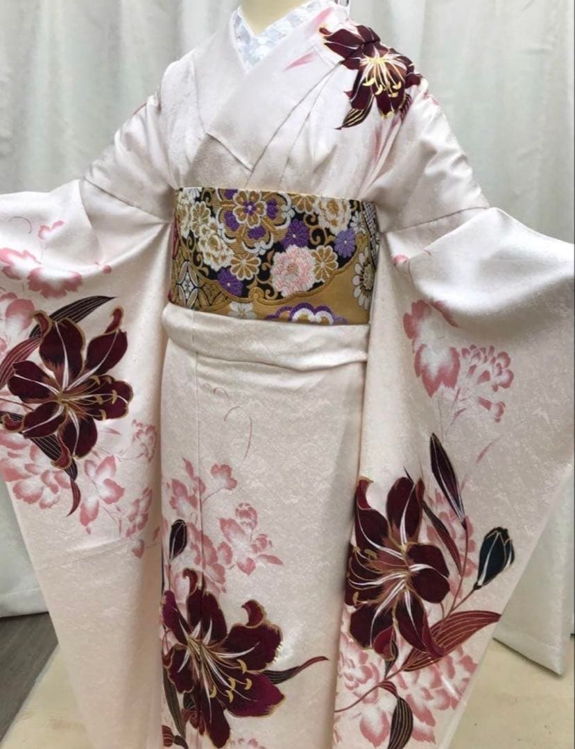 美品] ヴィンテージ振袖成人式手縫い紫黒繻子綸子結婚式