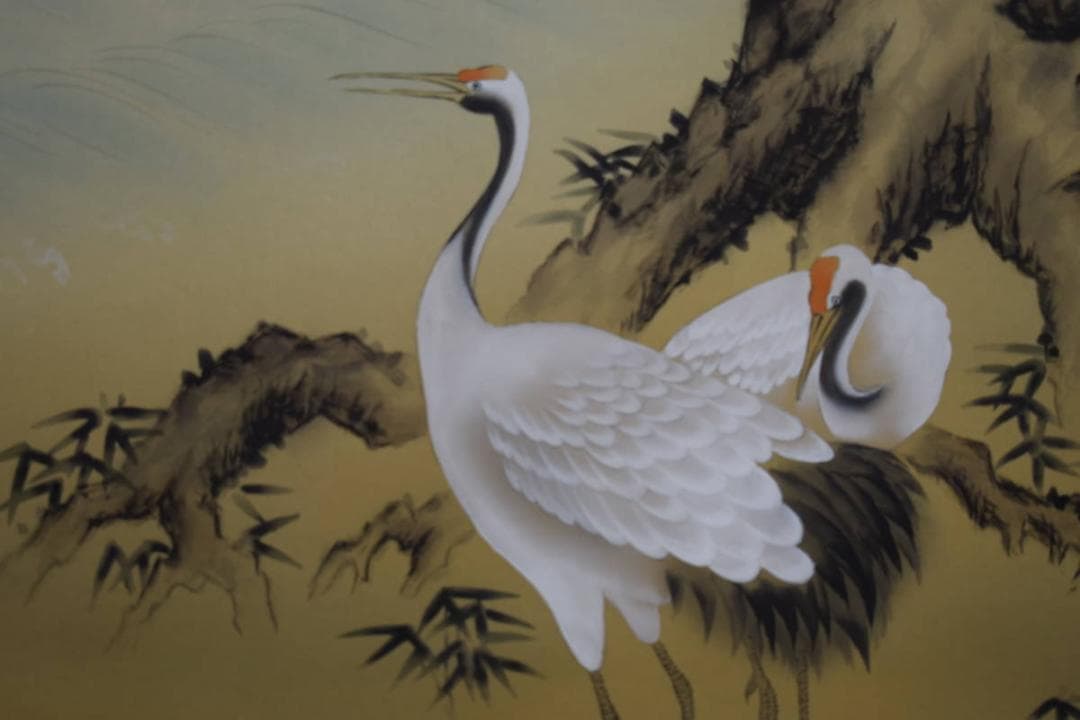 真作/福田桂山/吉祥鶴亀図/桐共箱付/布袋屋掛軸HH-