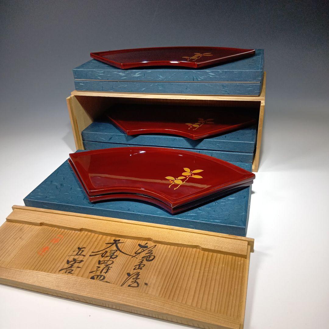 値下げ輪島塗　蒔絵扇面形　お盆　菓子器皿　 共箱　美品