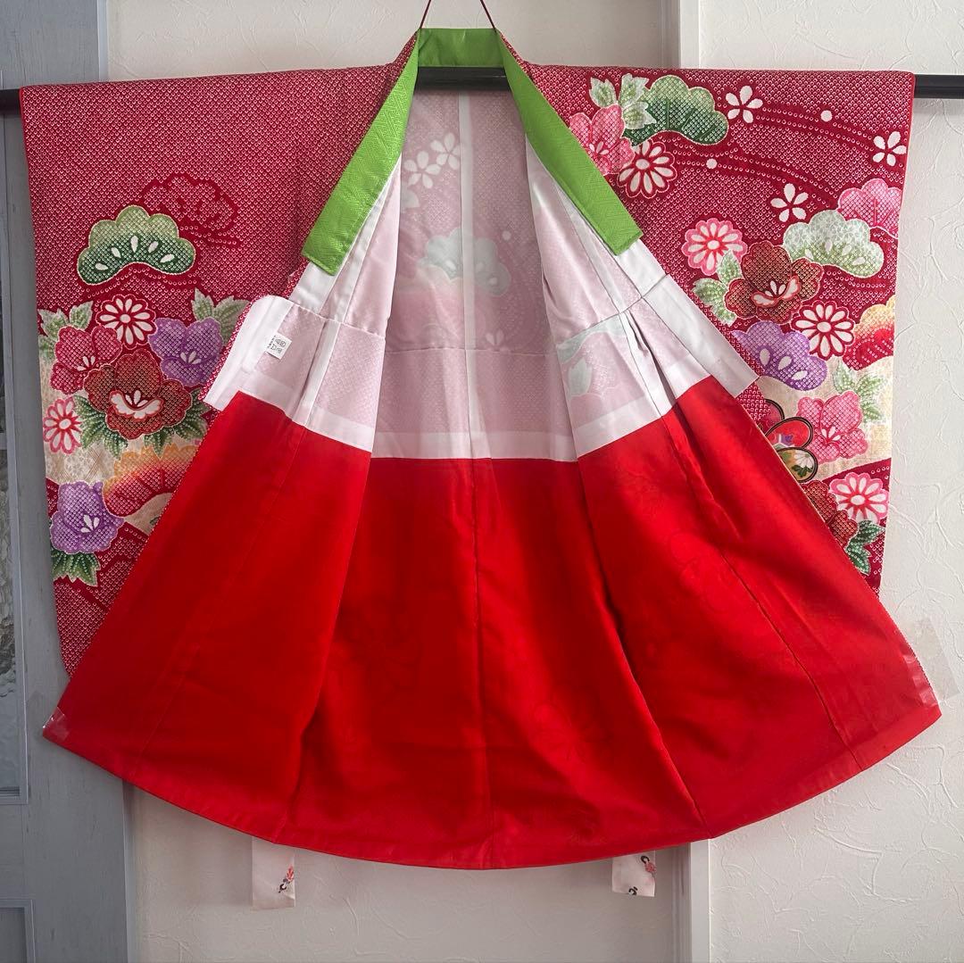 美品 七五三 三歳 女の子 正絹 赤 花柄 豪華お着物・長襦袢セット