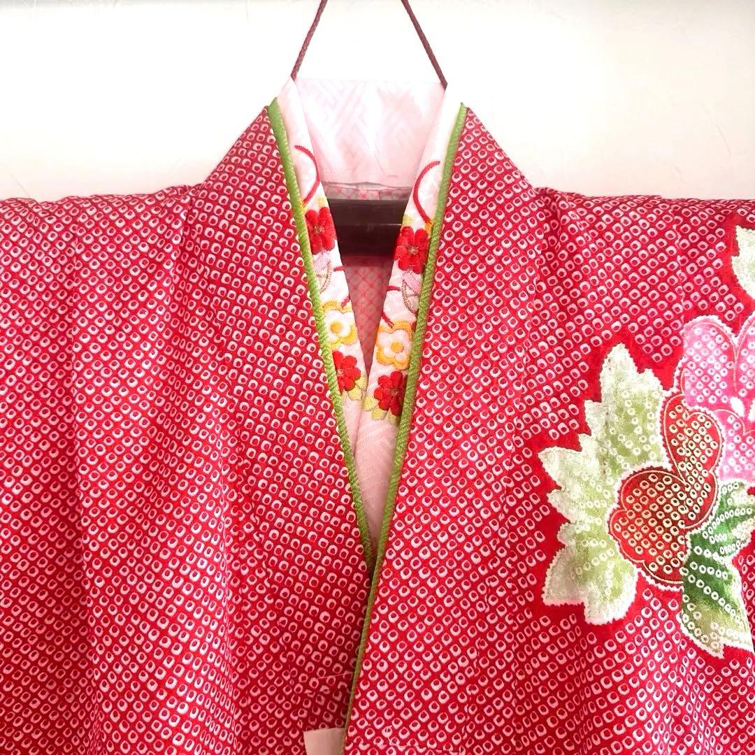 美品 七五三 三歳 女の子 正絹 赤 花柄 豪華お着物・長襦袢セット